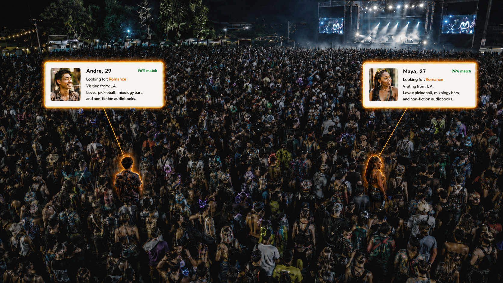 courtme IRL surfacing two 96%-match attendees in a festival crowd