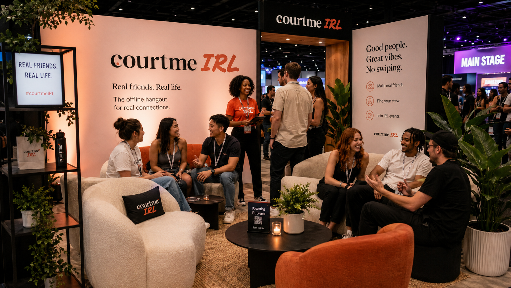 courtme IRL branded lounge at a convention with attendees hanging out