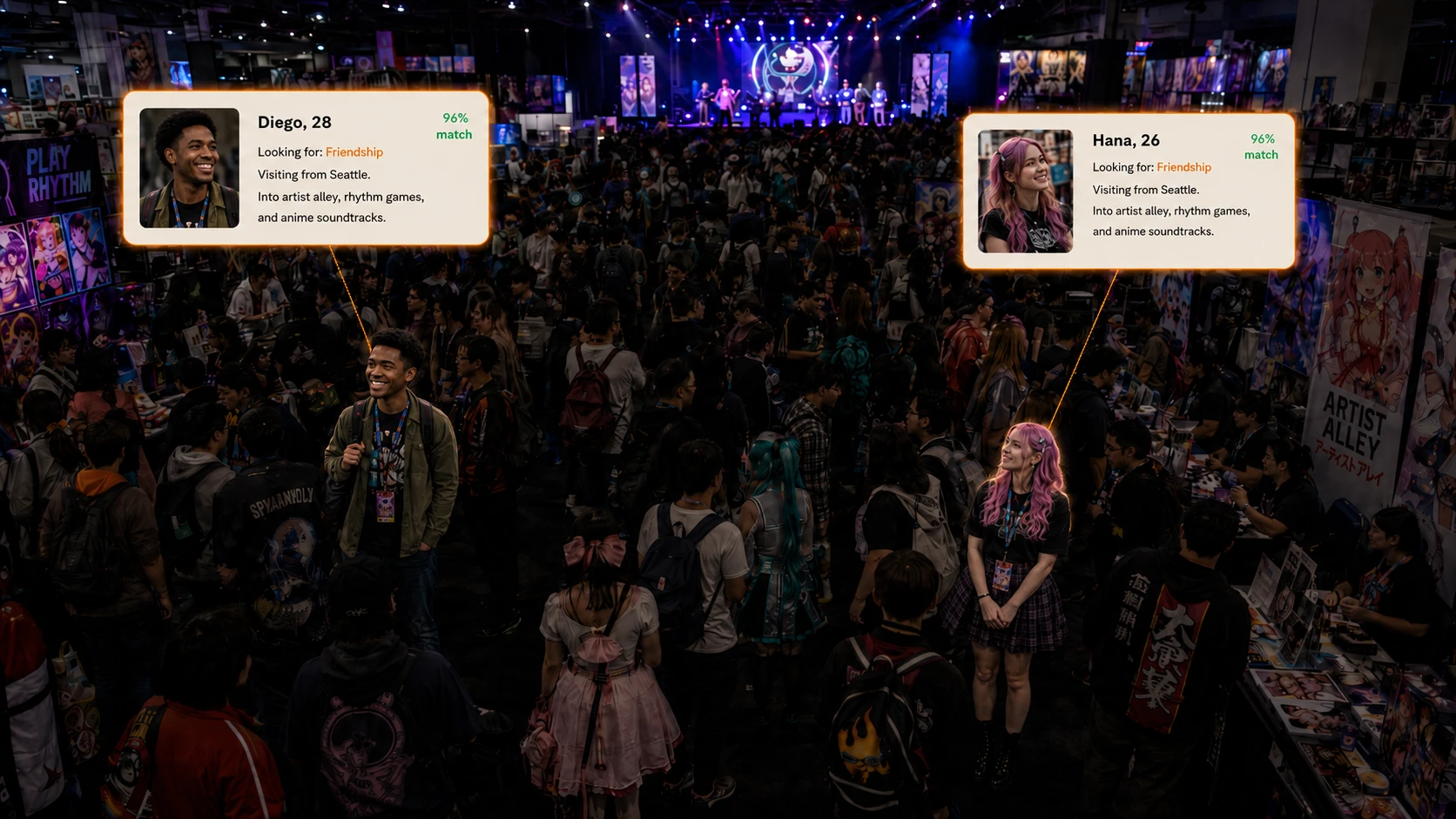 Two attendees matched for friendship at an anime convention