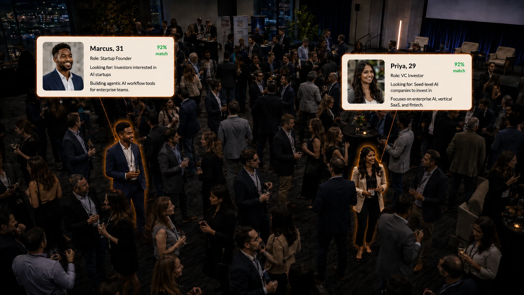 Founder and investor matched at an AI networking summit
